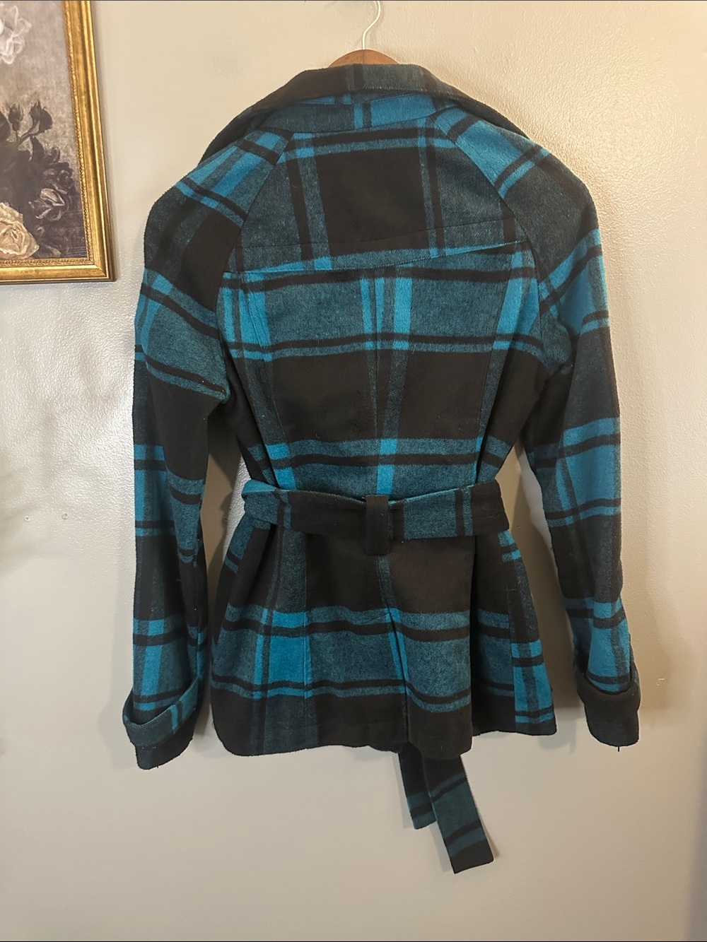 J2 by Jou Jou Teal Black Plaid Belted Moto Jacket Size S - Picture 8 of 8